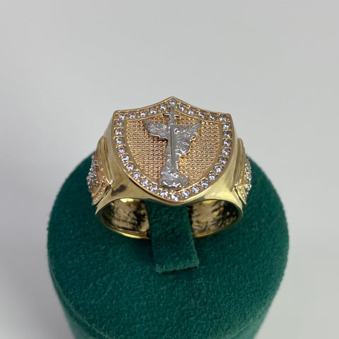Anillo Escudo San Miguel Arcangel Circones Blancos Oro amarillo 18k / Talla 10 1/4 / 6,73 Gr