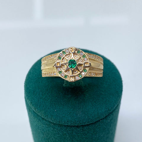 Anillo Brújula Verdes y Blancos Oro amarillo 18k / Talla 10 1/2 / 6,81 Gr *