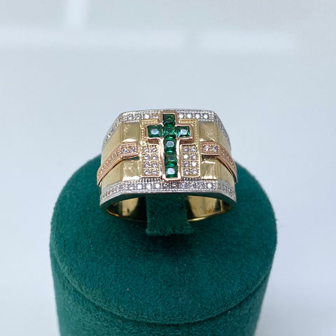 Anillo Cruz Circones Blancos y Verdes Tres Oro 18k / Talla 10 1/4 / 9,01 Gr