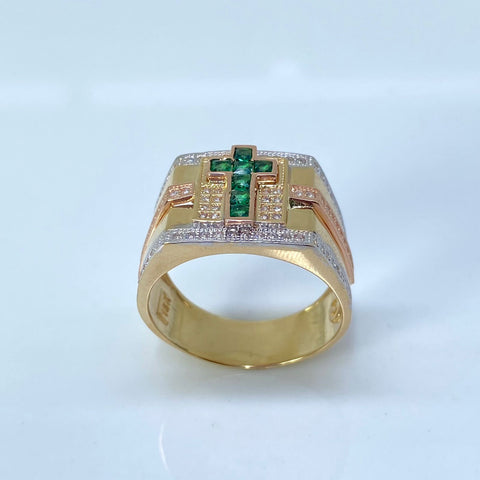Anillo Cruz Circones Blancos y Verdes Tres Oro 18k / Talla 10 1/4 / 9,01 Gr