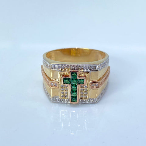 Anillo Cruz Circones Blancos y Verdes Tres Oro 18k / Talla 10 1/4 / 9,01 Gr