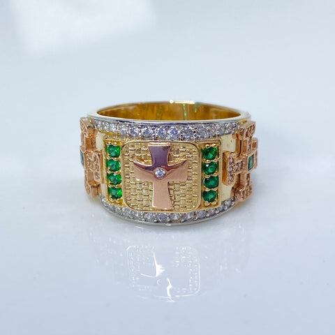 Anillo Tres Cruces Circones Blancos y Verdes  Oro amarillo 18k / Talla 10 3/4 / 9,92 Gr †