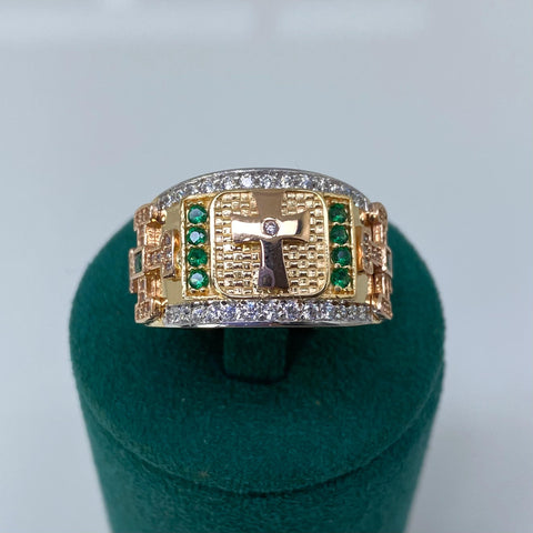 Anillo Tres Cruces Circones Blancos y Verdes  Oro amarillo 18k / Talla 10 3/4 / 9,92 Gr †