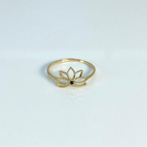Anillo Flor Circón Negro Oro amarillo 18k / Talla 6 1/4 / 1,03 Gr