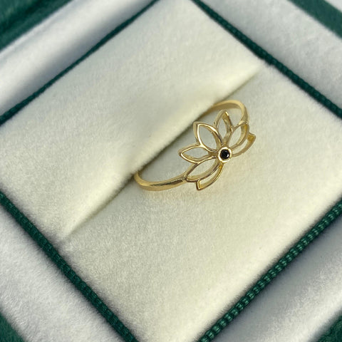 Anillo Flor Circón Negro Oro amarillo 18k / Talla 6 1/4 / 1,03 Gr