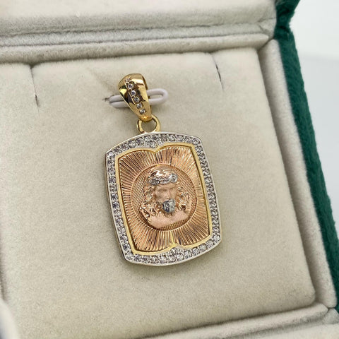 Dije Placa Rostro Cristo Circones Blancos Oro blanco y Oro rosa 18k 6,05 Gr / 3,5 Cm  †