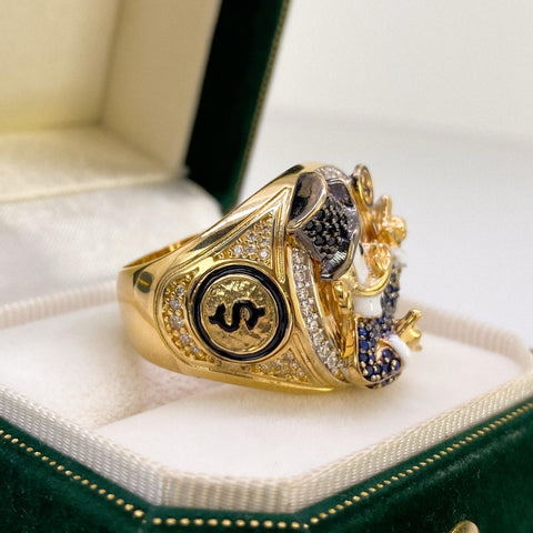 Anillo Caricatura Pato Signo $ Circones Blancos Azules Y Negros Oro amarillo y Oro blanco 18k / Talla 10 / 15,39 Gr *