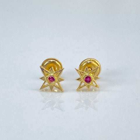 Topos Destello Circon Fucsia Oro amarillo 18k 0,84 Gr / 6 mm  *