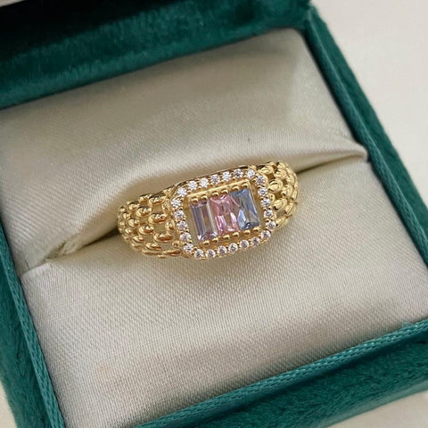 Anillo Circones Blancos Azules Y Rosados Oro amarillo 18k / Talla 6 1/2 / 2,26 Gr