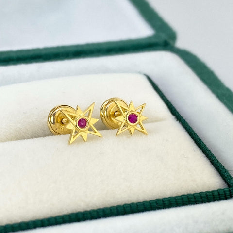 Topos Destello Circon Fucsia Oro amarillo 18k 0,84 Gr / 6 mm  *