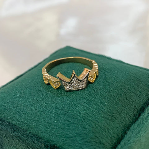 Anillo Corazones Y Corona Oro Blanco y Amarillo Circones 18k T-6 3/4/ 3,08 Gr