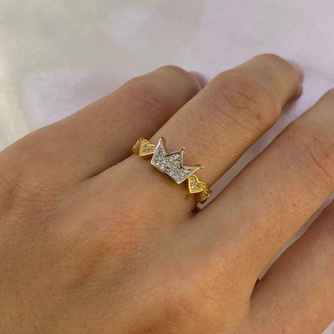 Anillo Corazones Y Corona Oro Blanco y Amarillo Circones 18k T-6 3/4/ 3,08 Gr