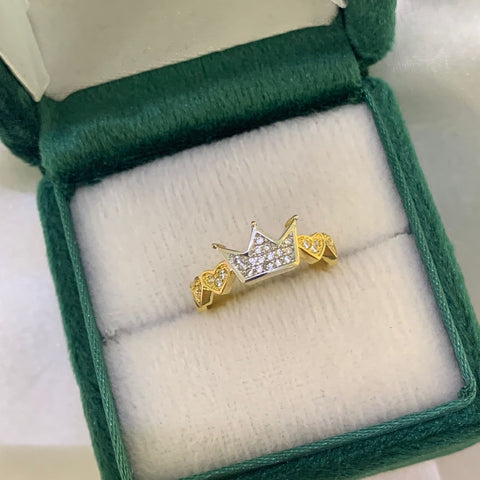 Anillo Corazones Y Corona Oro Blanco y Amarillo Circones 18k T-6 3/4/ 3,08 Gr