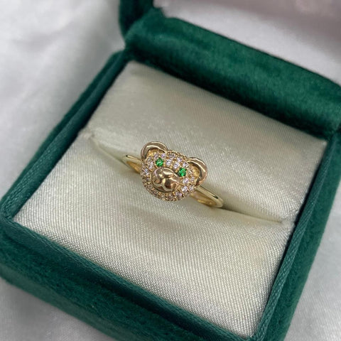 Anillo Cara Oso Circones Blancos Ojos Verdes Talla 6,5 Oro Amarillo 18k/ 1,95 Gr /  *