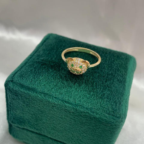 Anillo Cara Oso Circones Blancos Ojos Verdes Talla 6,5 Oro Amarillo 18k/ 1,95 Gr /  *
