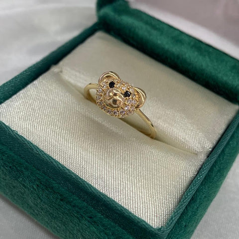 Anillo Cara Oso Circones Blancos Ojos Negros Talla 7 Oro Amarillo 18k/ 2,23 Gr /  *