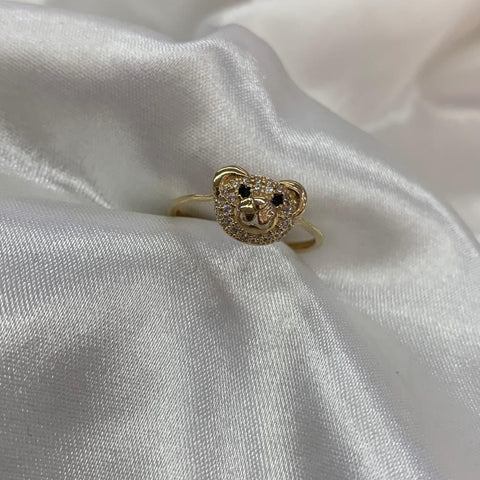 Anillo Cara Oso Circones Blancos Ojos Negros Talla 7 Oro Amarillo 18k/ 2,23 Gr /  *