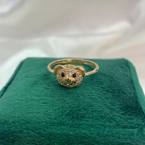 Anillo Cara Oso Circones Blancos Ojos Negros Talla 7 Oro Amarillo 18k/ 2,23 Gr /  *