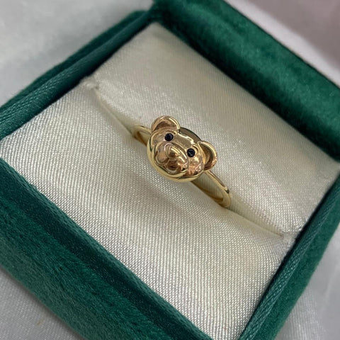 Anillo Cara Oso Ojos Negros Oro Talla 6,5 Oro Amarillo 18k/ 1,78 Gr /  *